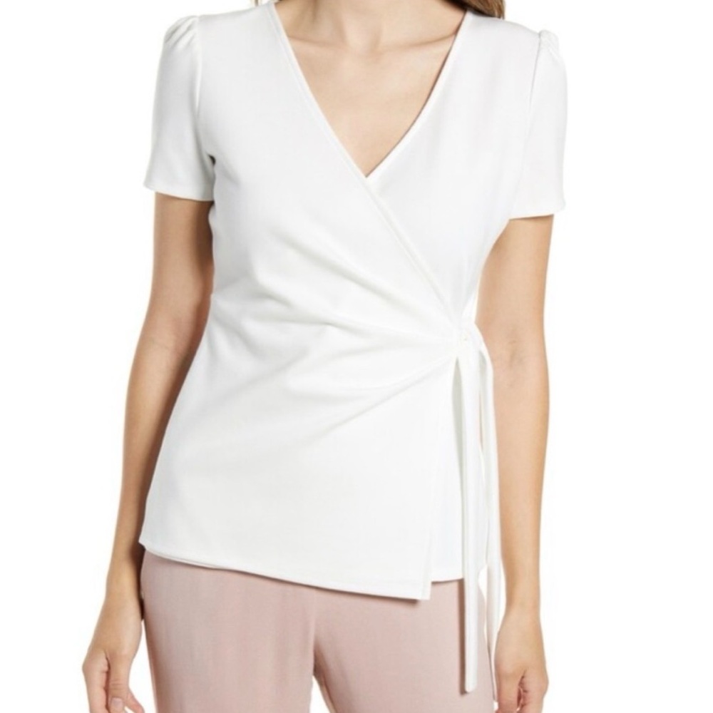 Halogen Cream Wrap Blouse with Short Sleeves